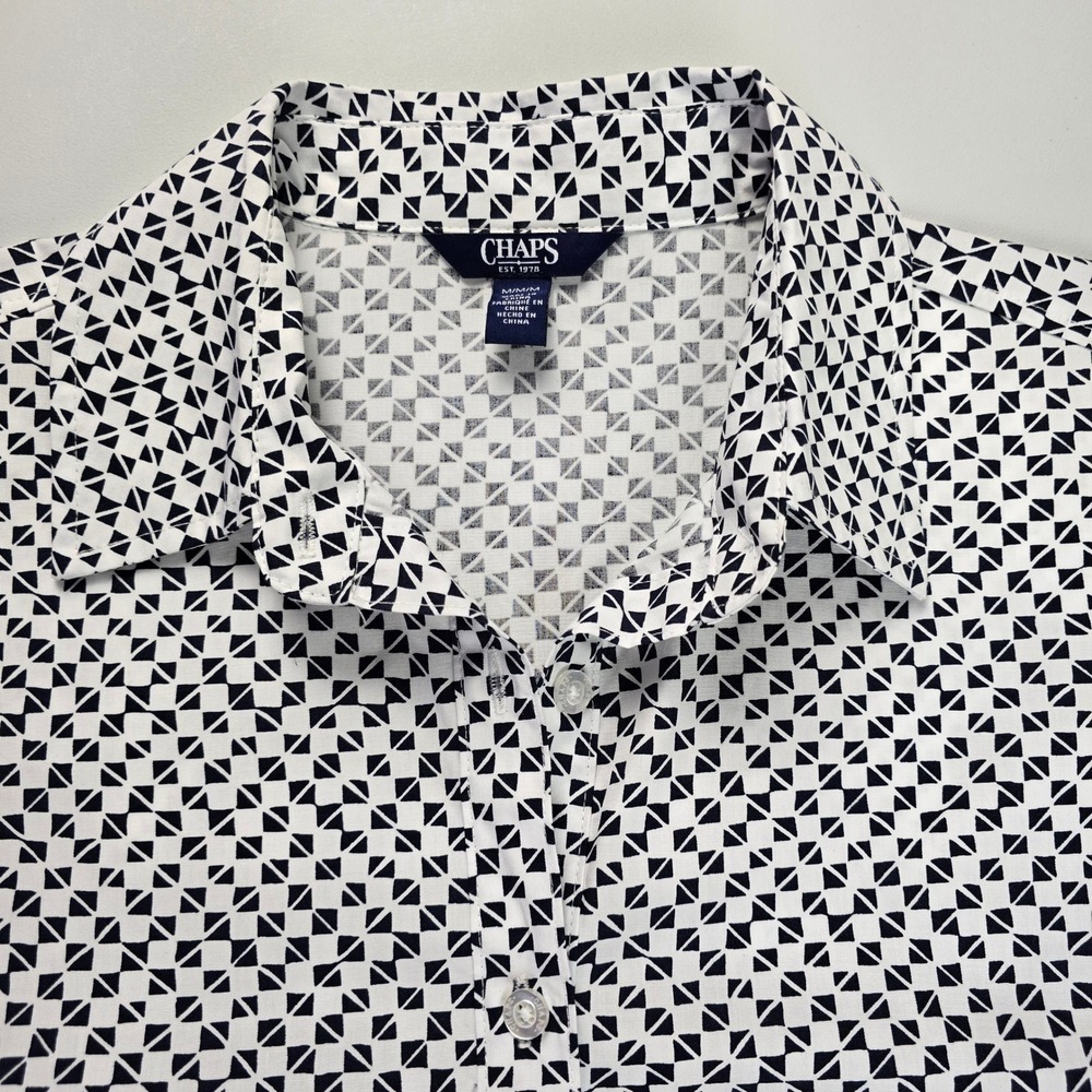 CHAPS Women's Geometric Shirt Dress Tie Waist Ruffle Hem Cotton Black White M - Picture 9 of 16